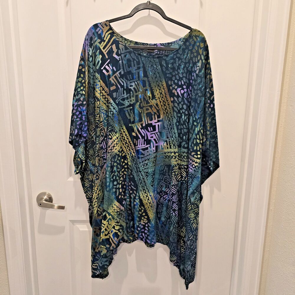 Van Klee Blue Green Gold Asian Style Batik Kaftan Tunic 100% Rayon OS/Plus BoHo